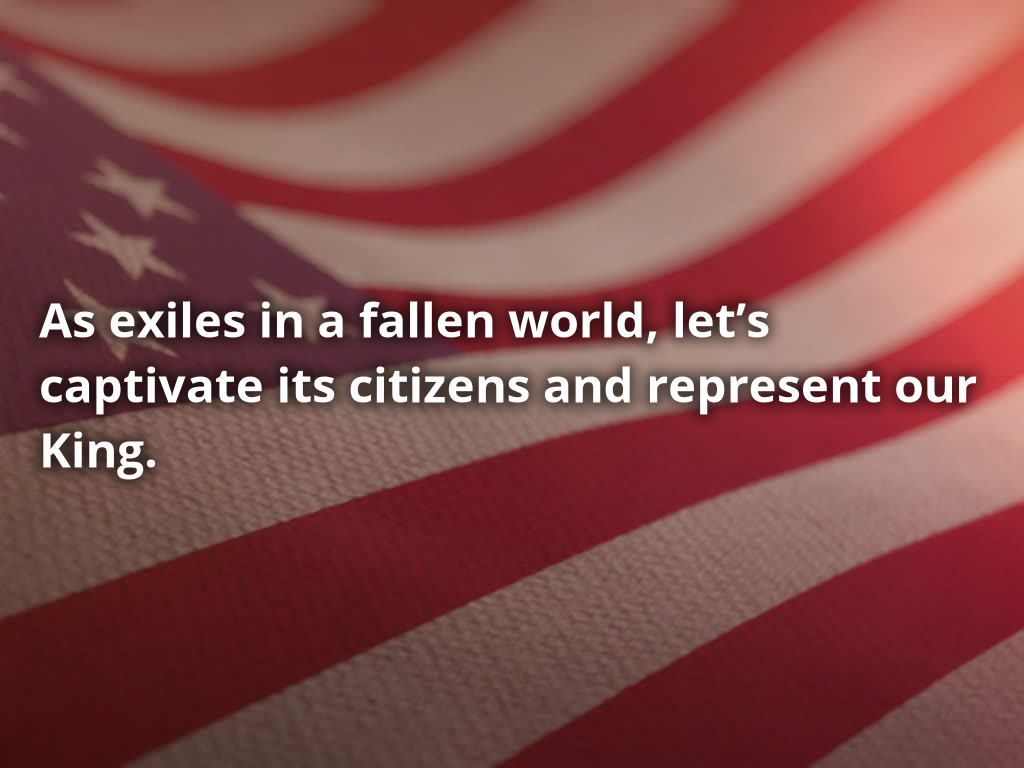 The sermon theme statement over an American flag.